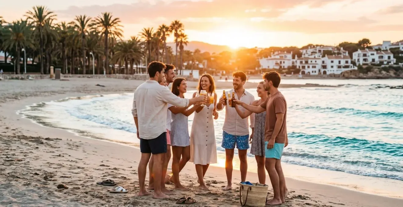 Gruppe junger Leute beim Anstoßen am Strand bei Sonnenuntergang, mediterrane Küstenlandschaft im Hintergrund