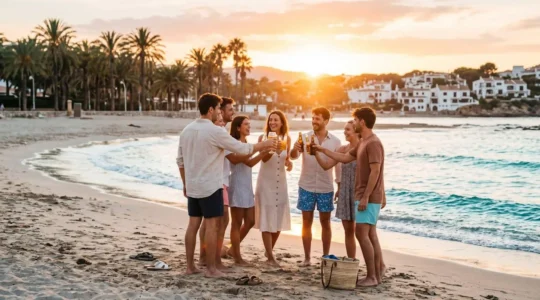 Gruppe junger Leute beim Anstoßen am Strand bei Sonnenuntergang, mediterrane Küstenlandschaft im Hintergrund