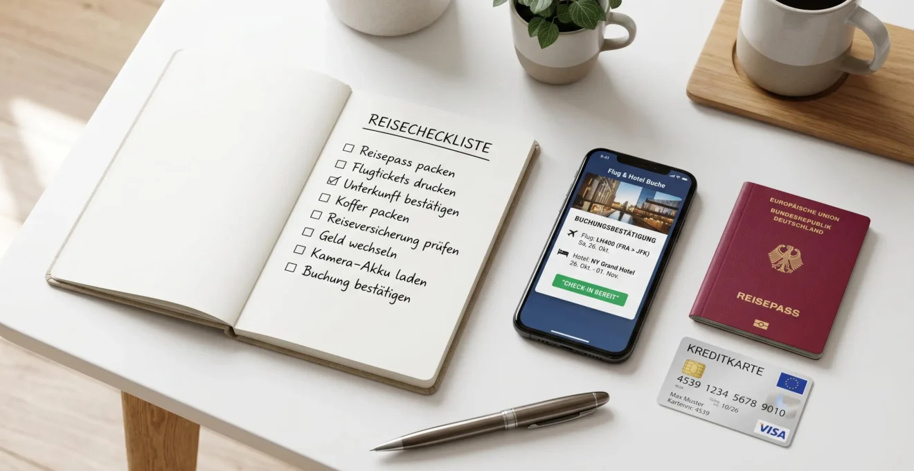 Schreibtisch mit Buchungs-Checkliste, Smartphone, Kreditkarte und Reisepass für Urlaubsplanung